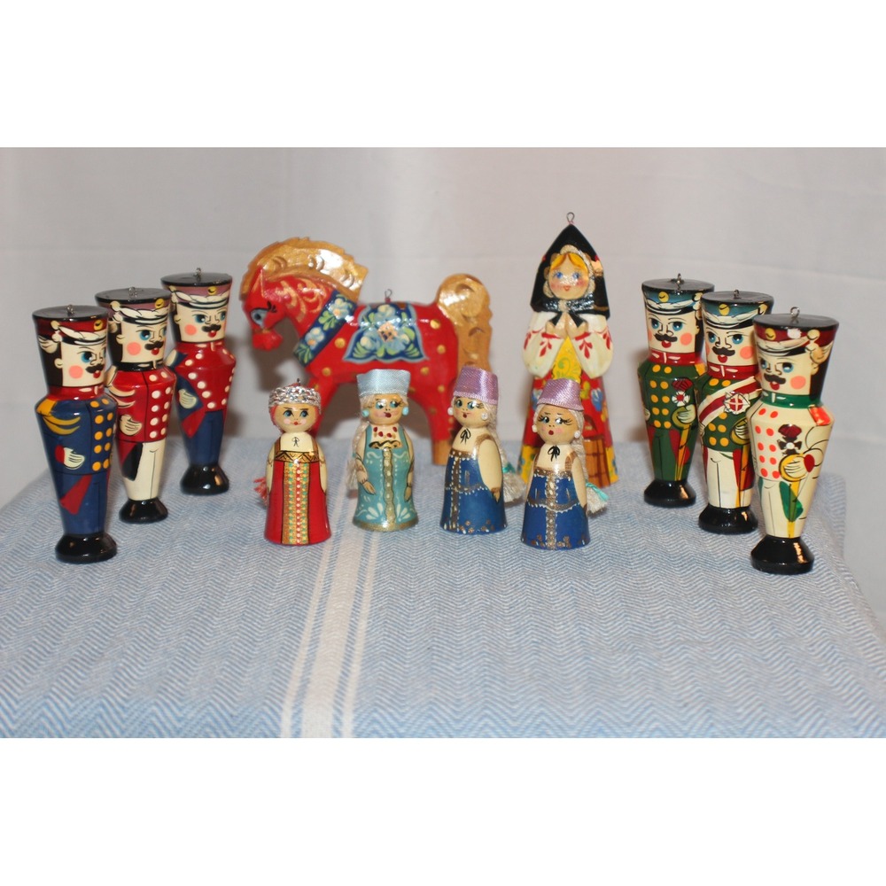 Vintage Russian Hand Painted Wooden Ornaments Lot 11pc Soldiers Horse Folk Art